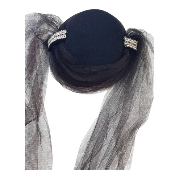 Vintage Tulle Train Art-Deco Rhinestone-Style Pillbox Hat - Picture 15 of 16